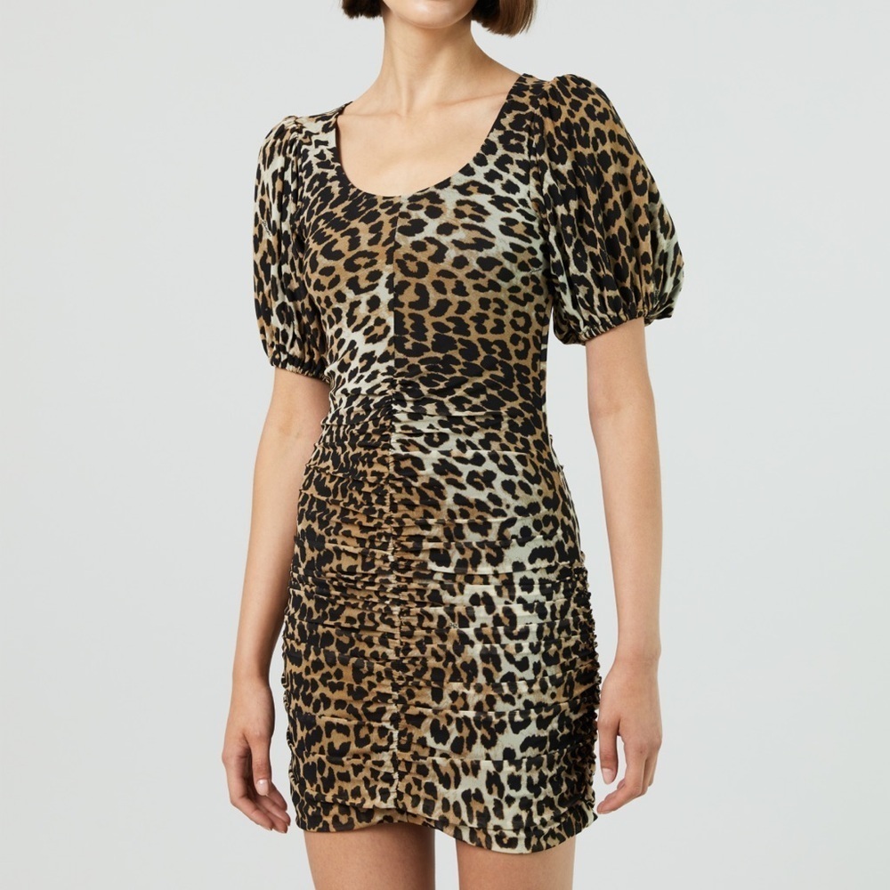 NWT Ganni Ruched Leopard Print Mini Dress - Size 2
